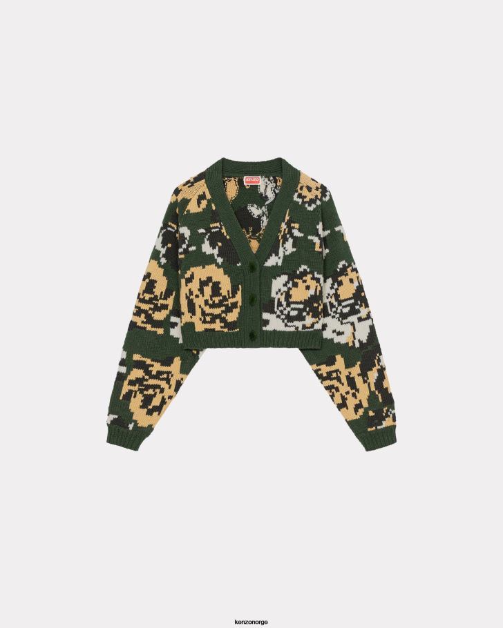 Kenzo klær kvinner kaki pixel flowers kort ull cardigan DVNVN508