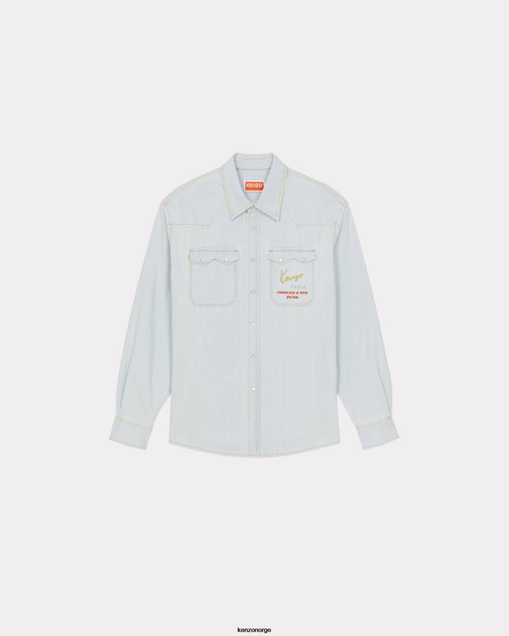 Kenzo klær menn bleket blå denim cowboyskjorte i dongeri DVNVN310